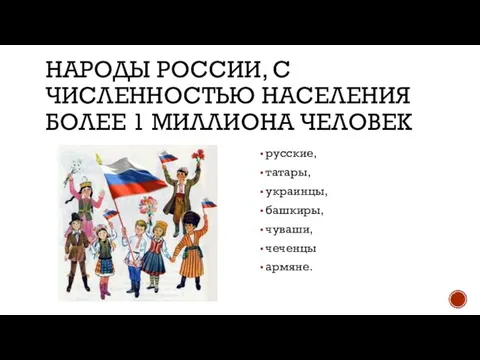 НАРОДЫ РОССИИ, С ЧИСЛЕННОСТЬЮ НАСЕЛЕНИЯ БОЛЕЕ 1 МИЛЛИОНА ЧЕЛОВЕК русские, татары, украинцы, башкиры, чуваши, чеченцы армяне.