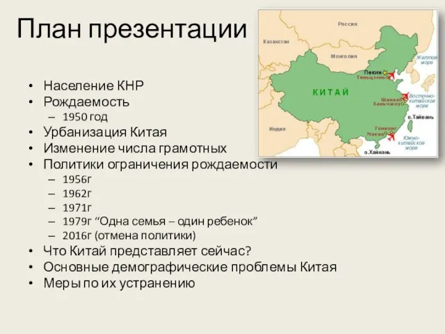 План презентации Население КНР Рождаемость 1950 год Урбанизация Китая Изменение числа