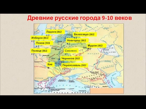 Древние русские города 9-10 веков Новгород (862 г.) Изборск (862 г.)