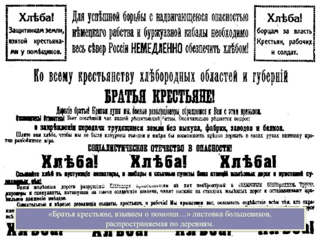 «Братья крестьяне, взываем о помощи…» листовка большевиков, распространяемая по деревням.