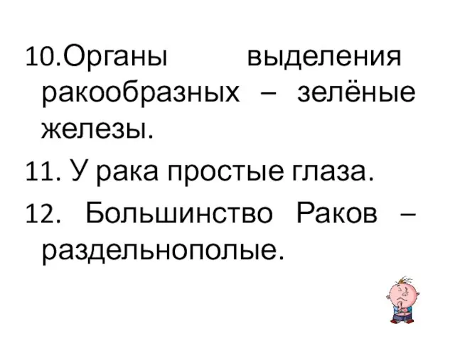 10.Органы выделения ракообразных – зелёные железы. 11. У рака простые глаза. 12. Большинство Раков – раздельнополые.