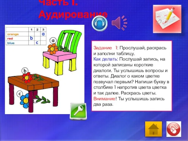 Часть 1. Аудирование Задание 1: Прослушай, раскрась и заполни таблицу. Как