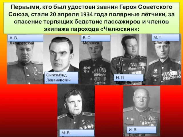 Первыми, кто был удостоен звания Героя Советского Союза, стали 20 апреля