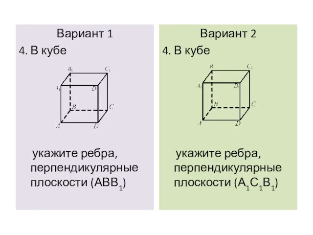 Вариант 1 4. В кубе укажите ребра, перпендикулярные плоскости (АВВ1) Вариант