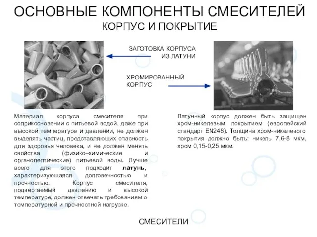 ОСНОВНЫЕ КОМПОНЕНТЫ СМЕСИТЕЛЕЙ КОРПУС И ПОКРЫТИЕ СМЕСИТЕЛИ ЗАГОТОВКА КОРПУСА ИЗ ЛАТУНИ