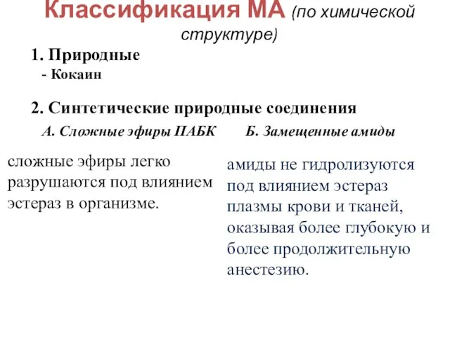 Классификация МА (по химической структуре) 1. Природные - Кокаин 2. Синтетические