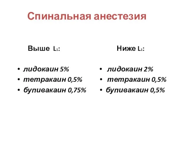 Спинальная анестезия Выше L1: лидокаин 5% тетракаин 0,5% бупивакаин 0,75% Ниже