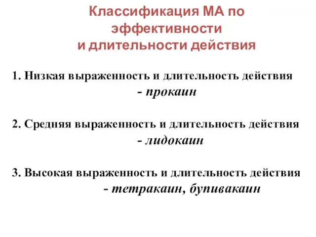 Классификация МА по эффективности и длительности действия 1. Низкая выраженность и