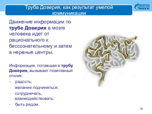 Труба Доверия, как результат умелой коммуникации Движение информации по трубе Доверия