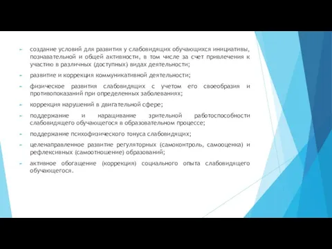 создание условий для развития у слабовидящих обучающихся инициативы, познавательной и общей