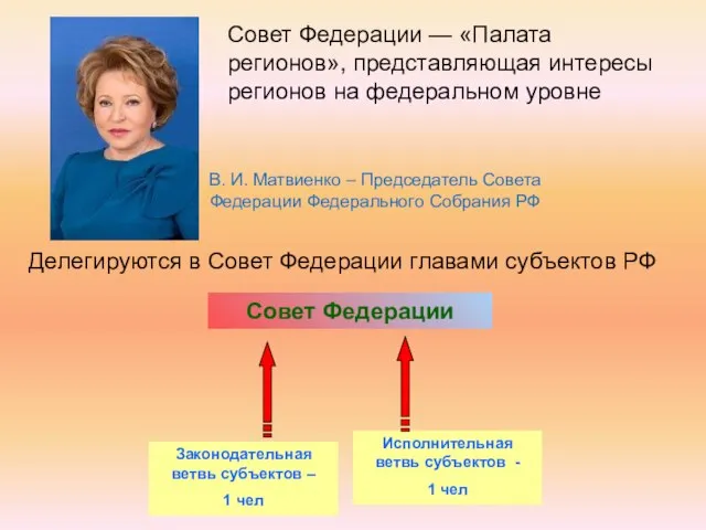Делегируются в Совет Федерации главами субъектов РФ Совет Федерации Законодательная ветвь