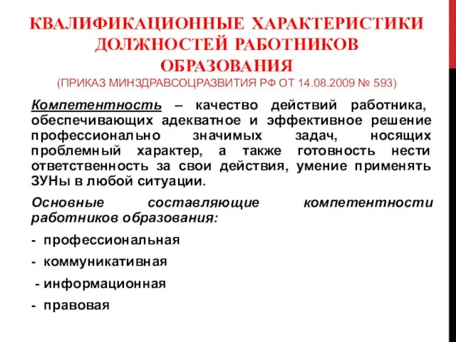 КВАЛИФИКАЦИОННЫЕ ХАРАКТЕРИСТИКИ ДОЛЖНОСТЕЙ РАБОТНИКОВ ОБРАЗОВАНИЯ (ПРИКАЗ МИНЗДРАВСОЦРАЗВИТИЯ РФ ОТ 14.08.2009 №