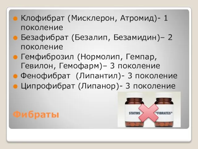 Фибраты Клофибрат (Мисклерон, Атромид)- 1 поколение Безафибрат (Безалип, Безамидин)– 2 поколение