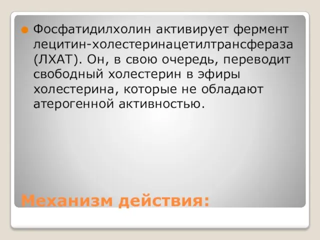 Механизм действия: Фосфатидилхолин активирует фермент лецитин-холестеринацетилтрансфераза (ЛХАТ). Он, в свою очередь,