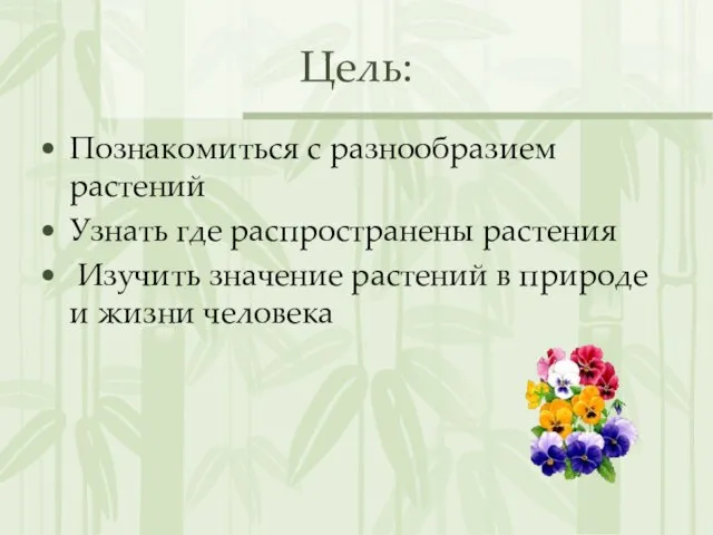 Цель: Познакомиться с разнообразием растений Узнать где распространены растения Изучить значение