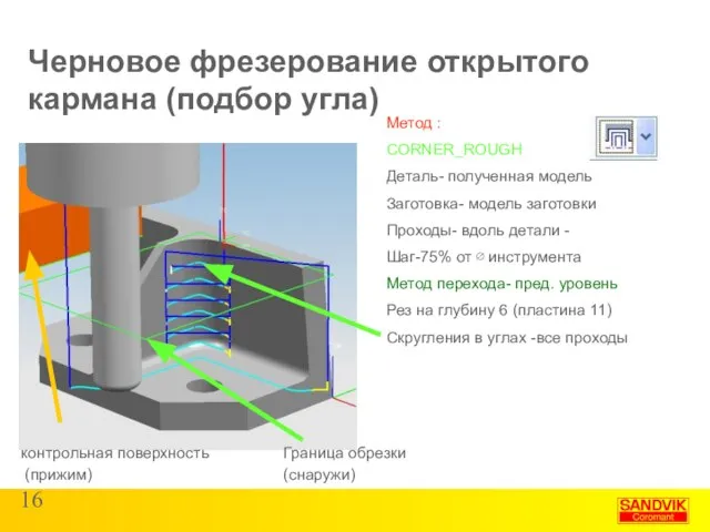 Черновое фрезерование открытого кармана (подбор угла) Метод : CORNER_ROUGH Деталь- полученная