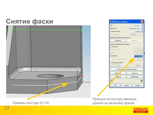 Снятие фаски Уровень контура (Z=-4) Припуск по контуру меньше уровня на величину фаски