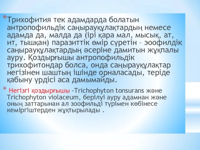 Трихофития тек адамдарда болатын антропофильдік саңырауқұлақтардың немесе адамда да, малда да