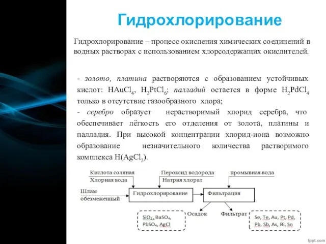 Гидрохлорирование Гидрохлорирование – процесс окисления химических соединений в водных растворах с