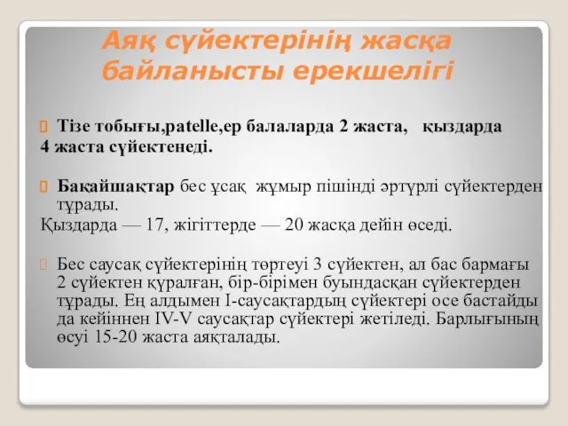 Аяқ сүйектерінің жасқа байланысты ерекшелігі Тізе тобығы,patelle,ер балаларда 2 жаста, қыздарда