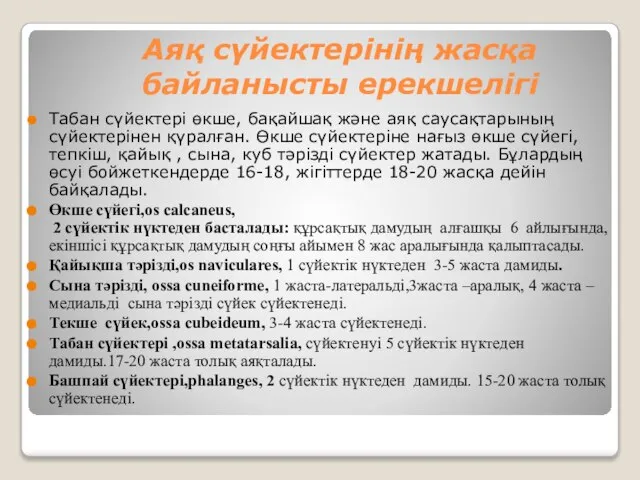 Аяқ сүйектерінің жасқа байланысты ерекшелігі Табан сүйектері өкше, бақайшақ және аяқ