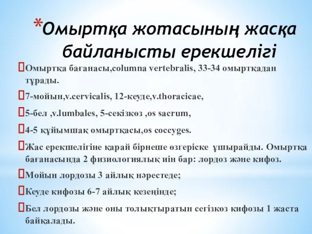 Омыртқа жотасының жасқа байланысты ерекшелігі Омыртқа бағанасы,соlumna vertebralis, 33-34 омыртқадан тұрады.