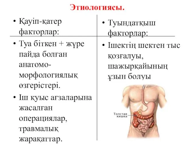 Этиологиясы. Қауіп-қатер факторлар: Туа біткен + жүре пайда болған анатомо-морфологиялық өзгерістері.