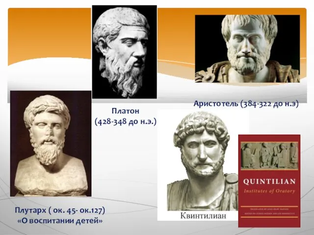 Аристотель (384-322 до н.э) Платон (428-348 до н.э.) Плутарх ( ок. 45- ок.127) «О воспитании детей»