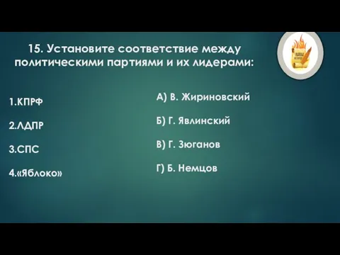 15. Установите соответствие между политическими партиями и их лидерами: КПРФ ЛДПР