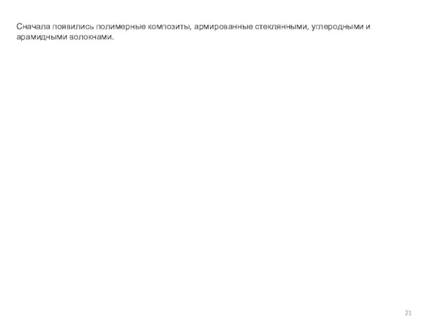 Сначала появились полимерные композиты, армированные стеклянными, углеродными и арамидными волокнами.