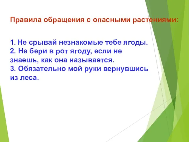 1. Не срывай незнакомые тебе ягоды. 2. Не бери в рот