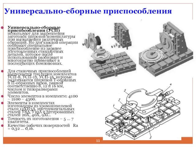 Универсально-сборные приспособления Универсально-сборные приспособления (УСП) используют для закрепления заготовок широкой номенклатуры