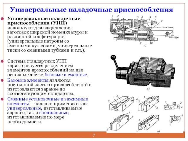 Универсальные наладочные приспособления Универсальные наладочные приспособления (УНП) используют для закрепления заготовок