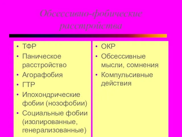 Обсессивно-фобические расстройства ТФР Паническое расстройство Агорафобия ГТР Ипохондрические фобии (нозофобии) Социальные