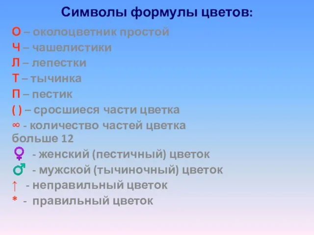 Символы формулы цветов: О – околоцветник простой Ч – чашелистики Л