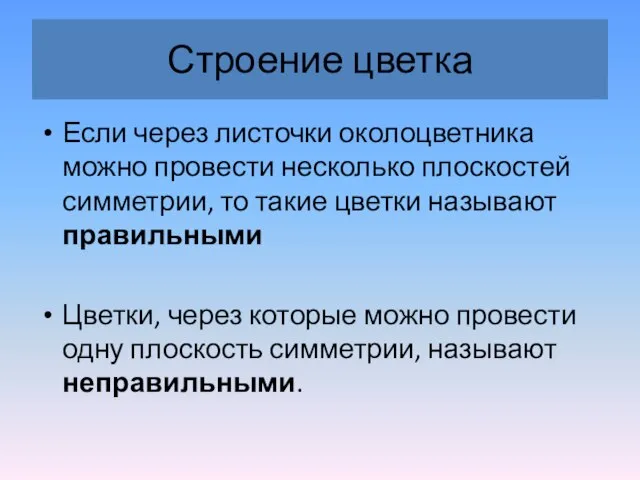 Строение цветка Если через листочки околоцветника можно провести несколько плоскостей симметрии,