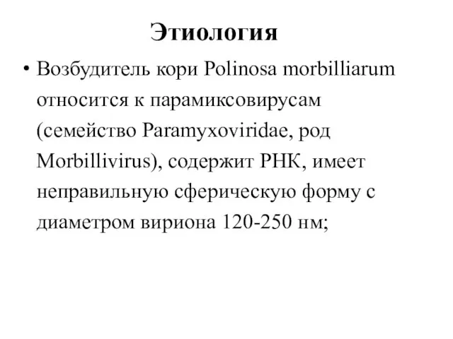Этиология Возбудитель кори Polinosa morbilliarum относится к парамиксовирусам (семейство Paramyxoviridae, род