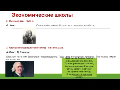 Экономические школы 2. Физиократы XVIII в. Ф. Кенэ Основной источник богатства