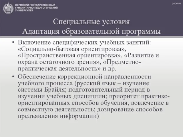 Специальные условия Адаптация образовательной программы Включение специфических учебных занятий: «Социально-бытовая ориентировка»,