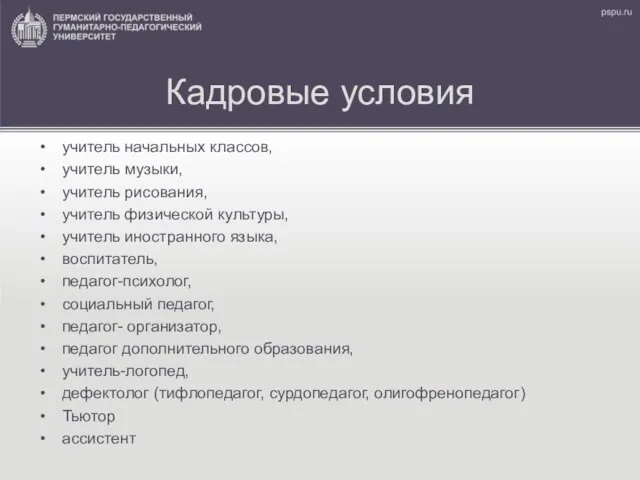 Кадровые условия учитель начальных классов, учитель музыки, учитель рисования, учитель физической