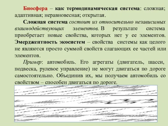 Биосфера – как термодинамическая система: сложная; адаптивная; неравновесная; открытая. Сложная система