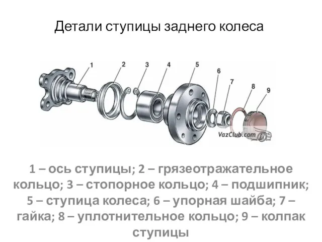 Детали ступицы заднего колеса 1 – ось ступицы; 2 – грязеотражательное