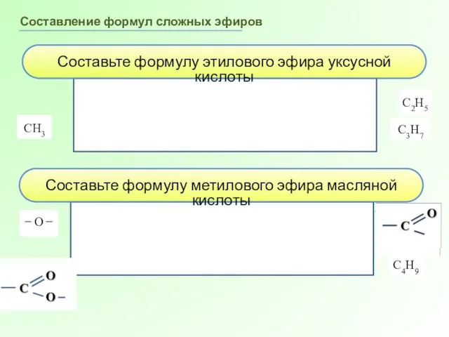 Составление формул сложных эфиров Составьте формулу этилового эфира уксусной кислоты ̶