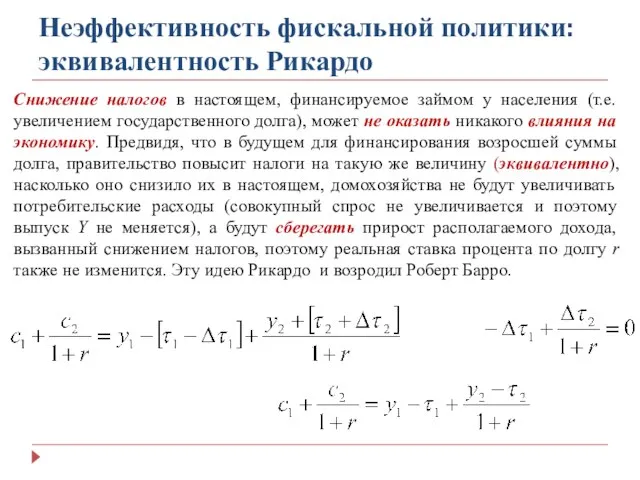 Неэффективность фискальной политики: эквивалентность Рикардо Снижение налогов в настоящем, финансируемое займом