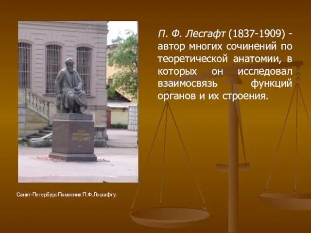 П. Ф. Лесгафт (1837-1909) - автор многих сочинений по теоретической анатомии,