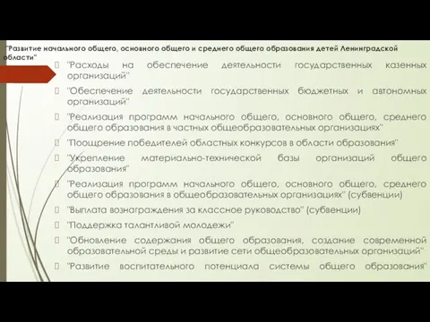 "Развитие начального общего, основного общего и среднего общего образования детей Ленинградской