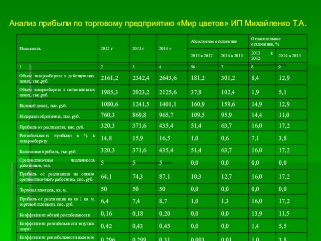 Анализ прибыли по торговому предприятию «Мир цветов» ИП Михайленко Т.А.