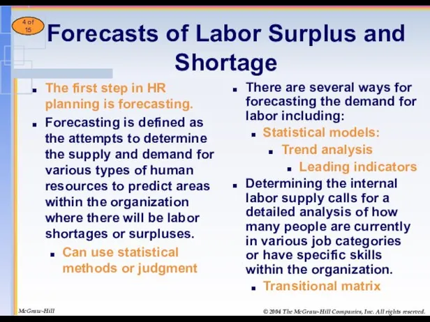 Forecasts of Labor Surplus and Shortage The first step in HR