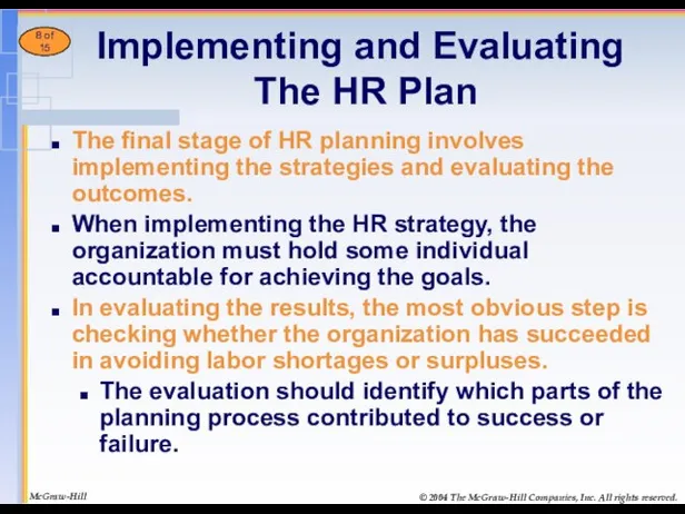 Implementing and Evaluating The HR Plan The final stage of HR