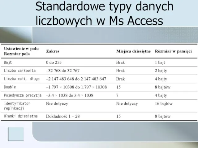 Standardowe typy danych liczbowych w Ms Access